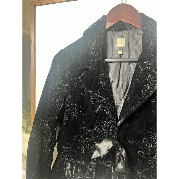 Womens Velvet Blazer Size Small Burgundy Red Ribbon Tie Whimsigoth Boho - Picture 2 of 7